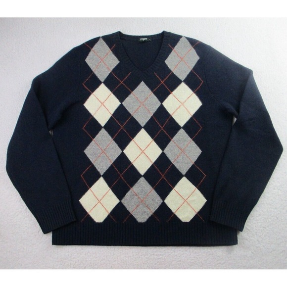 J.Crew Sweater Mens Large Knit Lambs Wool V-Neck Navy Cream‎ Argyle Long Sleeve - Picture 1 of 7